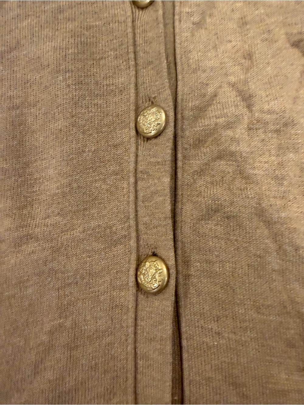 Chico's Taupe-Brown Knit Cardigan with Decorative Gold Buttons
